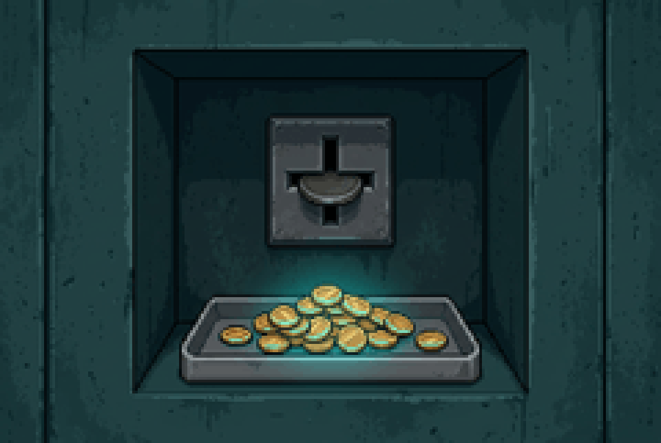 A token going into a steel slot and coins landing in the tray below